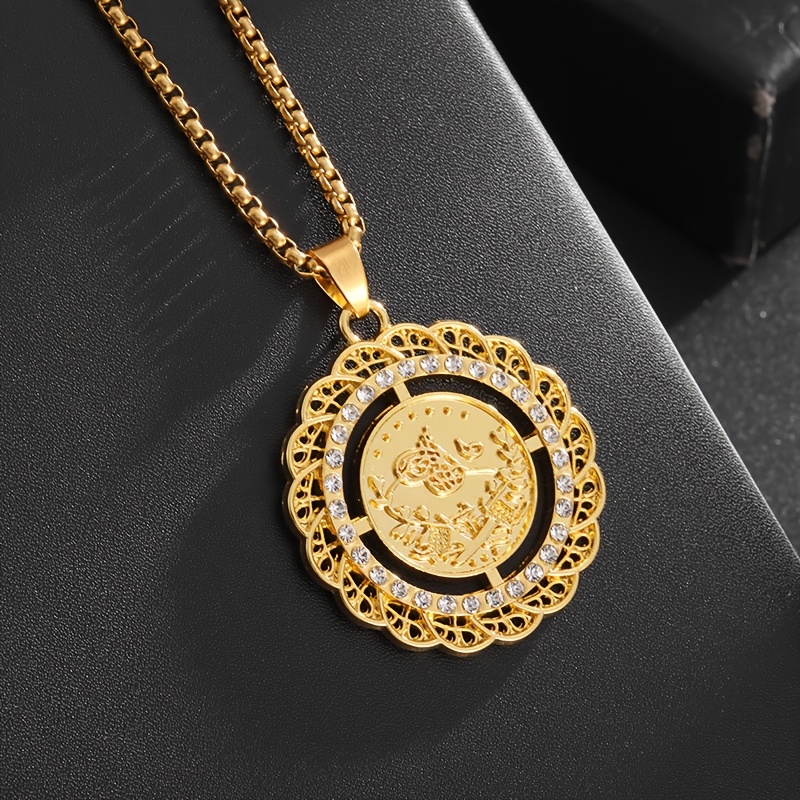 Retro Arabian Bird & Coin Pendant Necklace with Zirconia Stones